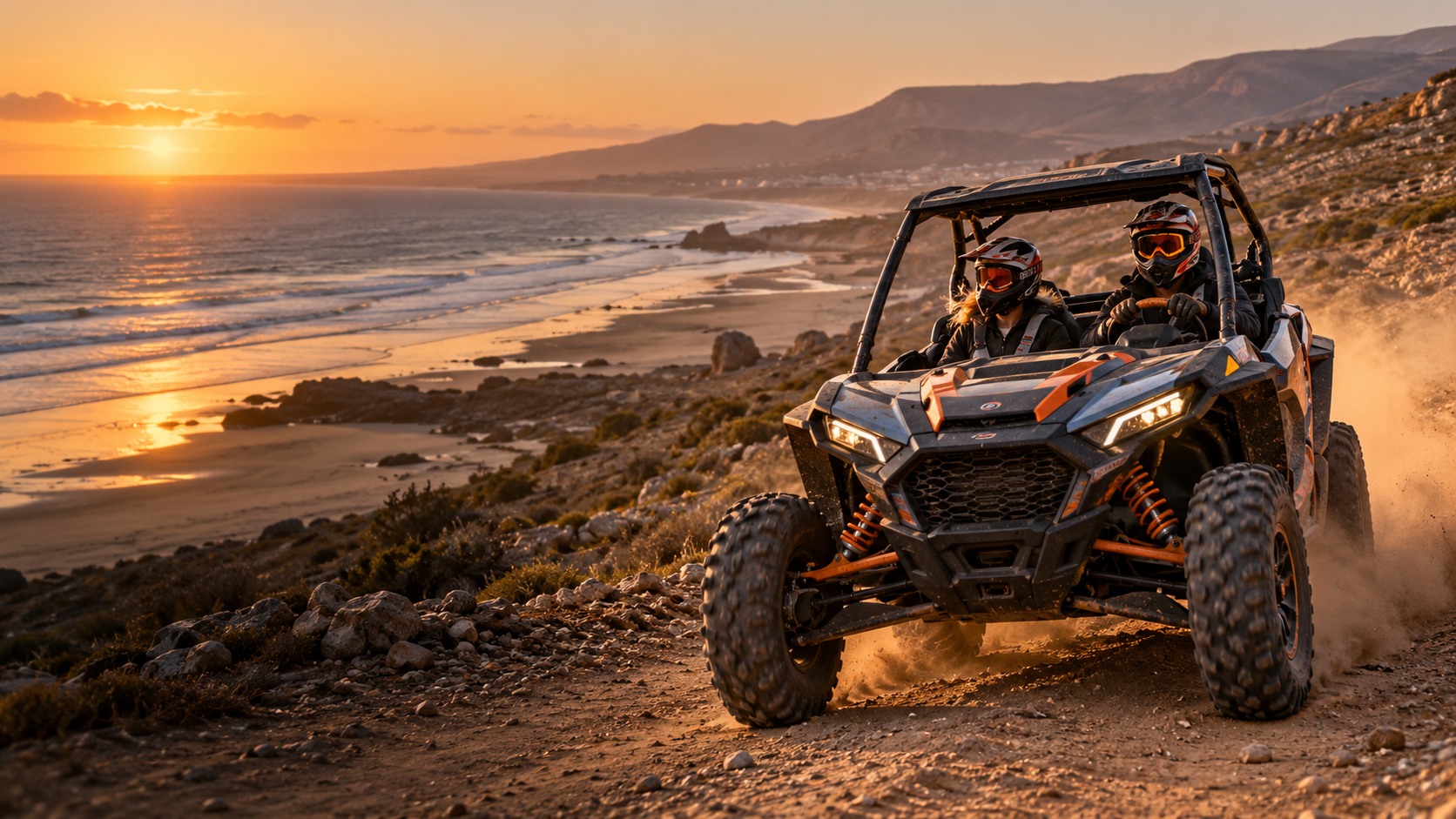 Illustration of helmeted buggy riders on a Moroccan coastal trail